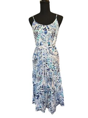 NWT Nautica Tropical Leaf Print Midi Dress XS Blue White Summer Casual